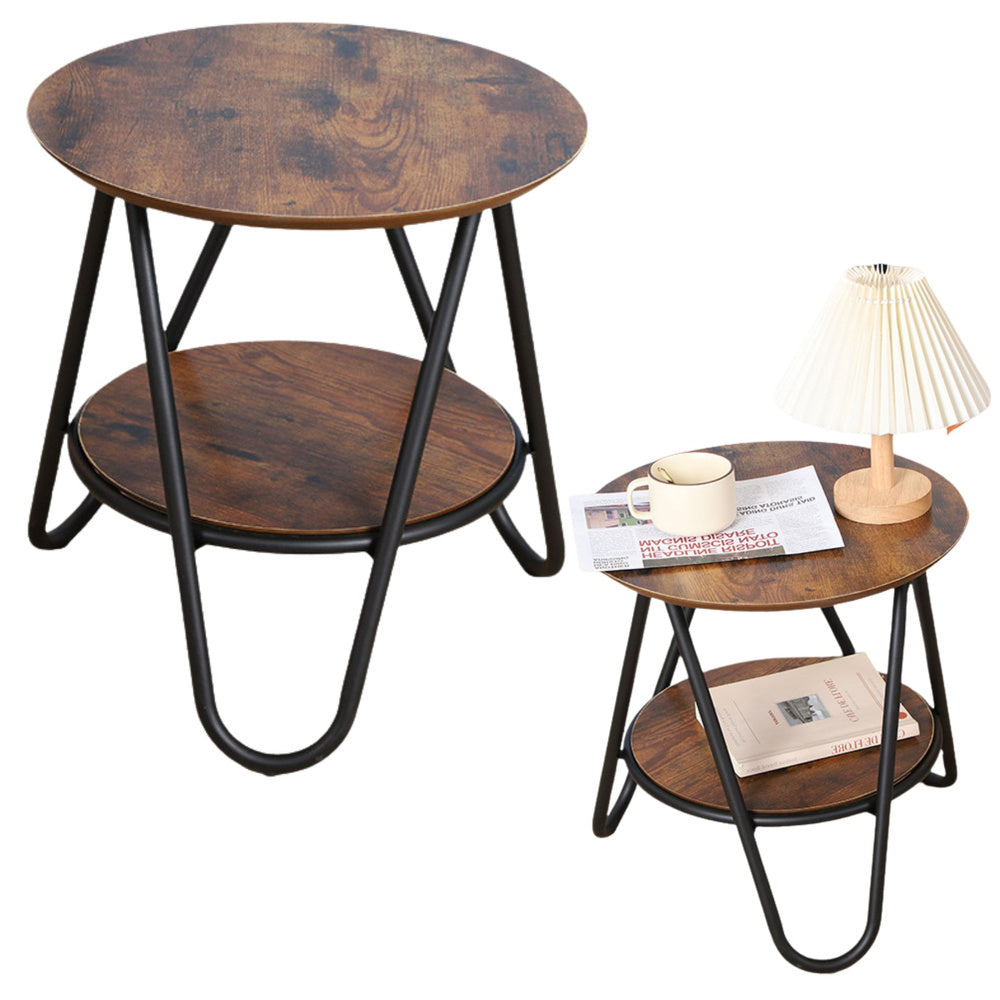 Table d'appoint ronde à étagère — bois rustique et métal noir, Ø 40 cm