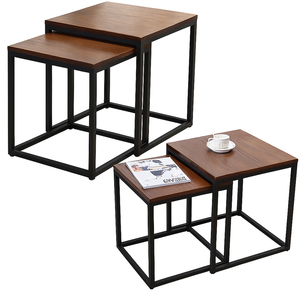 Lot de 2 tables basses carrées gigognes — brun foncé et métal noir