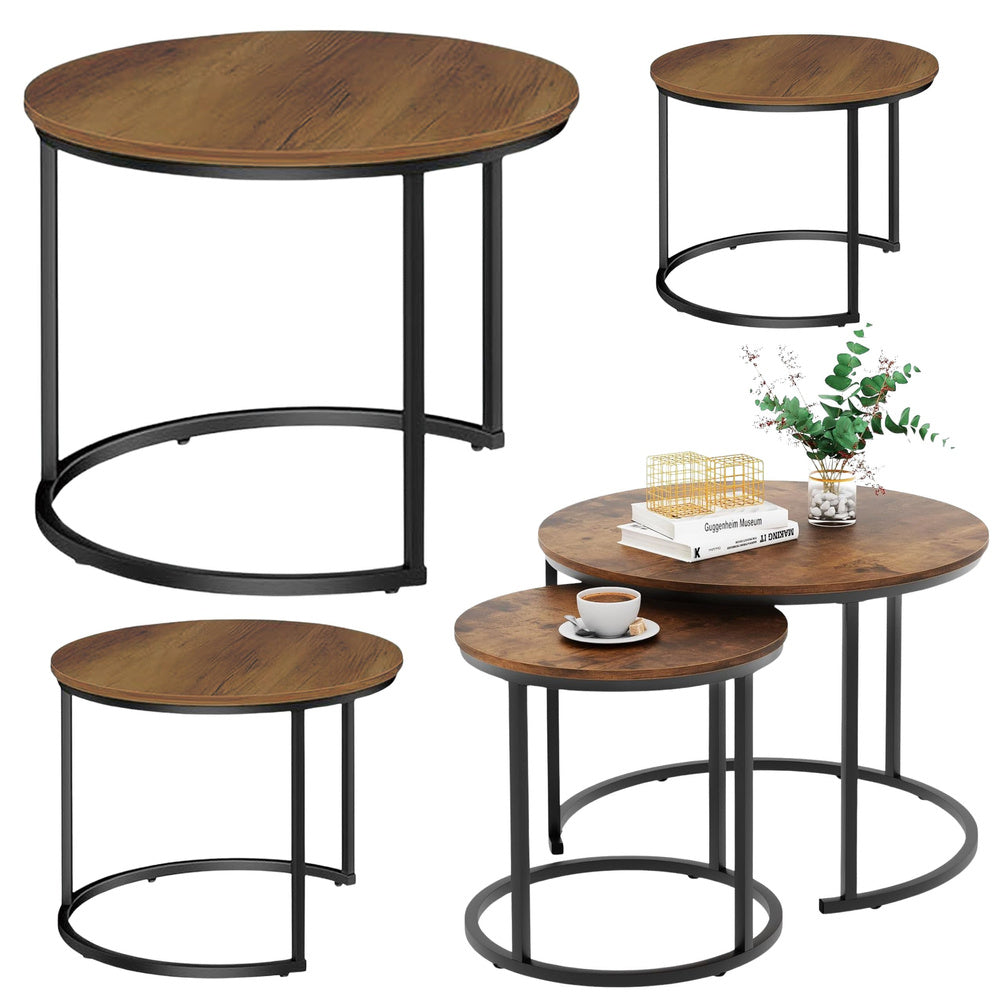 Lot de 3 tables basses rondes gigognes — gris foncé effet bois et métal noir