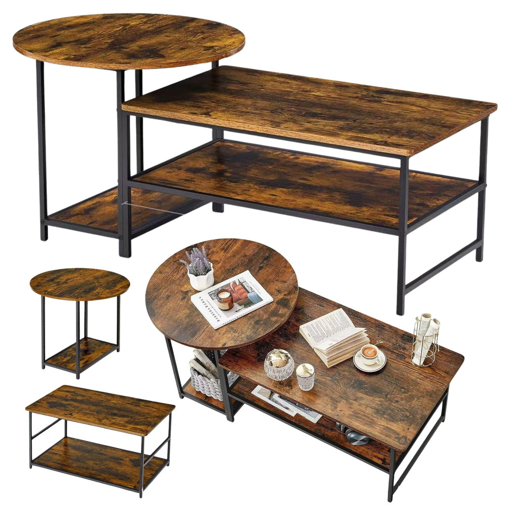 Ensemble table basse 2 en 1 coulissante — chêne vintage et métal noir, 123 cm