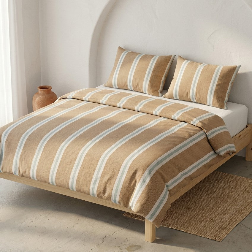 Ensemble housse de couette à rayures bicolores — camel et bleu, vert et gris
