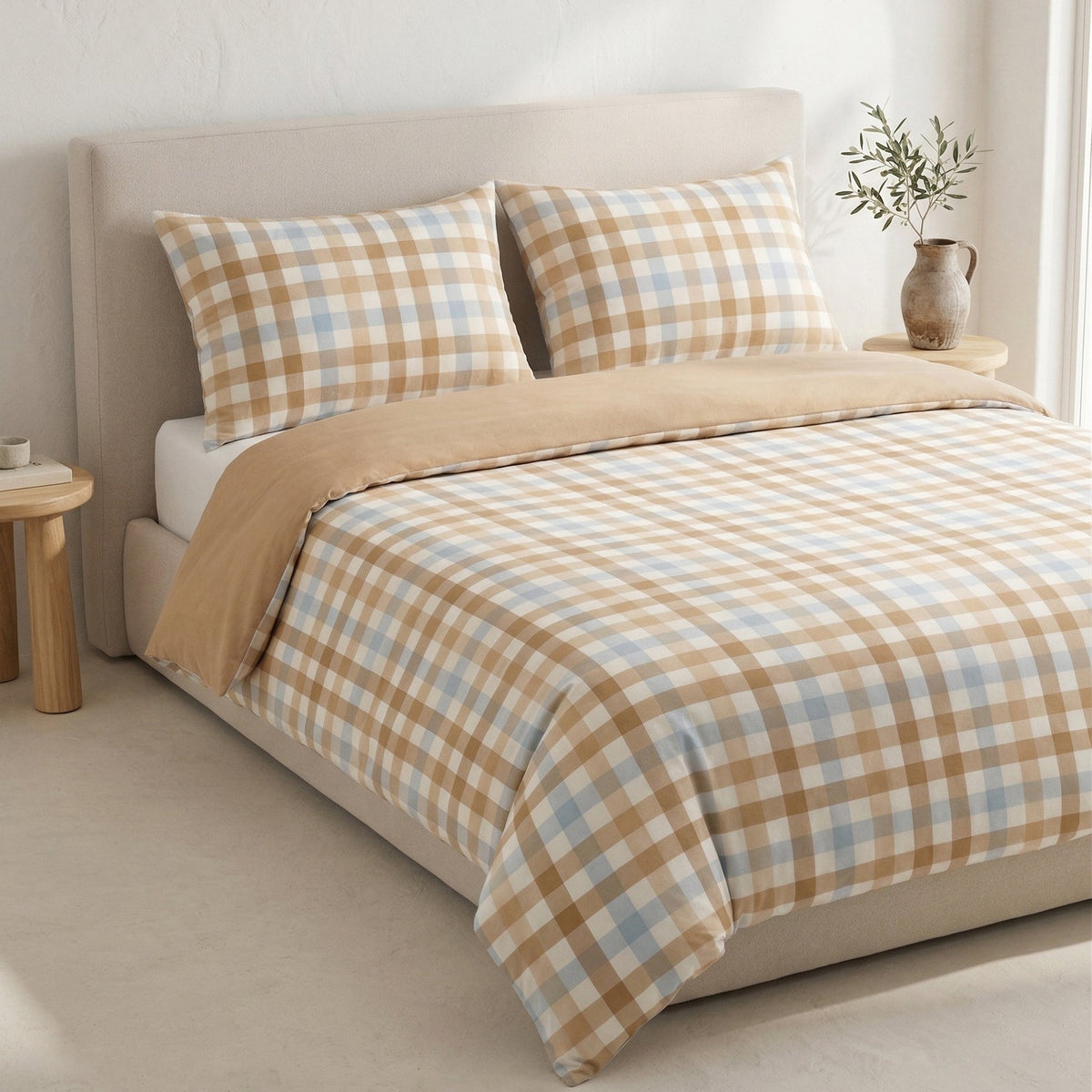 Parure de lit en coton à motif vichy — bleu et marron