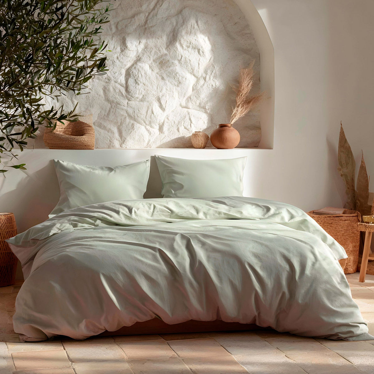 Parure de lit unie en coton, coloris agua marina, sur un lit double