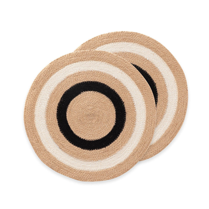 Lot de 2 sets de table ronds en jute, cercles contrastés